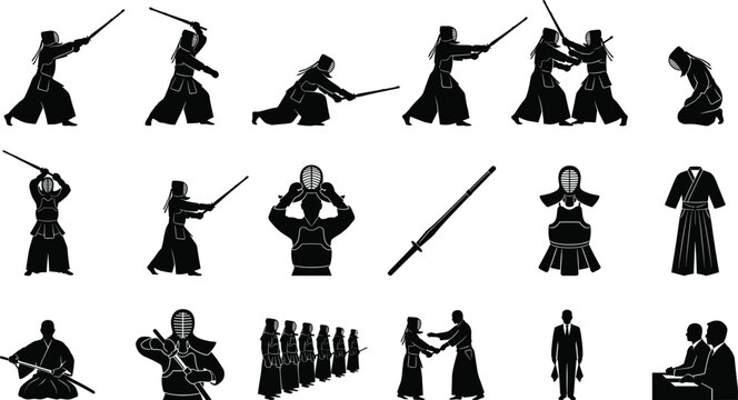 Kendo martial arts silhouette icons set featuring kendoka fighters strikes armor shinai sword training positions and referee silhouettes