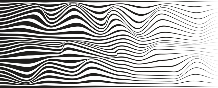 Abstract wave pattern with black-white striped lines. Creative background. Op art, optical illusion. Modern design, graphic texture.
