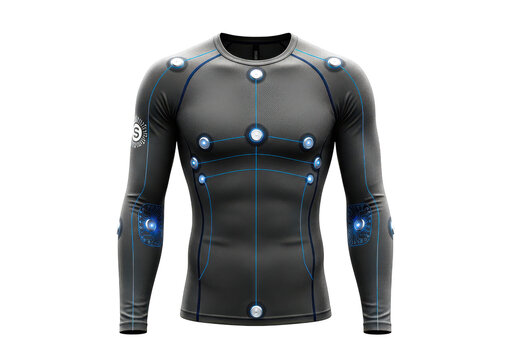 Futuristic black long sleeve athletic compression shirt with glowing blue circuits and sensor points.