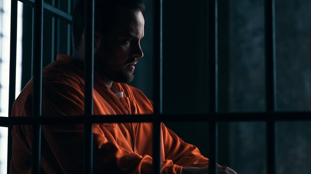 A solitary inmate in an orange prison uniform sits behind metal bars inside a correctional facility. symbolizes incarceration, criminal justice, punishment, confinement