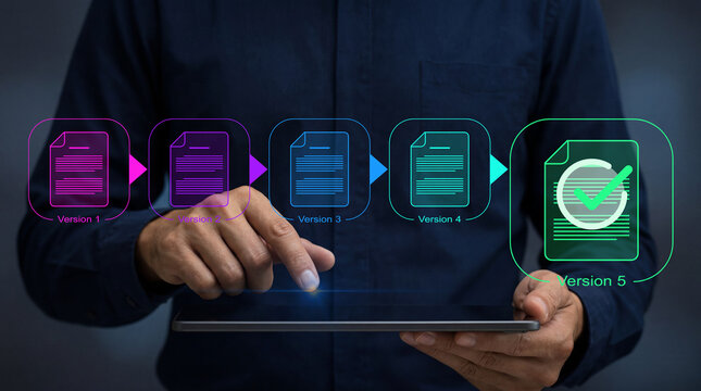 Document version control with digital approval workflow on tablet. Business file management and change tracking. Businessman reviewing document versions.
