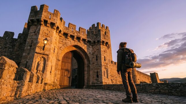 backpacker standing before ancient stone castle gate at sunset. historic fortress architecture. adventure travel, tourism concept. copyspace, banner, website header.