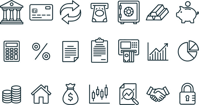Banking and Personal Finance Line Icon Set with Bank Building ATM Credit Card Piggy Bank Money Bag and Safe Vault Vectors