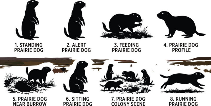 Prairie dog wildlife silhouette collection featuring various poses including standing alert feeding running and colony burrow scenes vector illustration