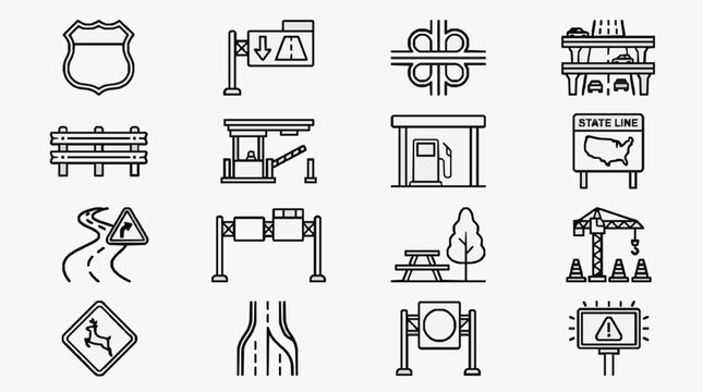 Creative Roadside and Travel Infrastructure Icons Collection for Designers and Developers with high professional line art symbols for modern creative design and digital branding projects