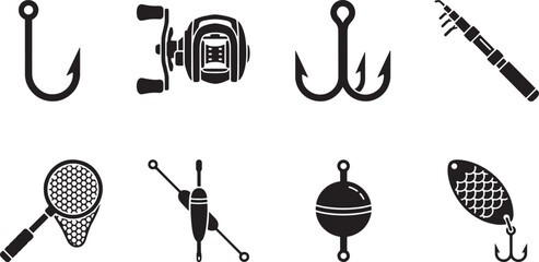 Fishing Tackle Icons Set – Hook, Reel, Rod, Net, Floats and Spoon Lure Silhouette Vector © Open Expression