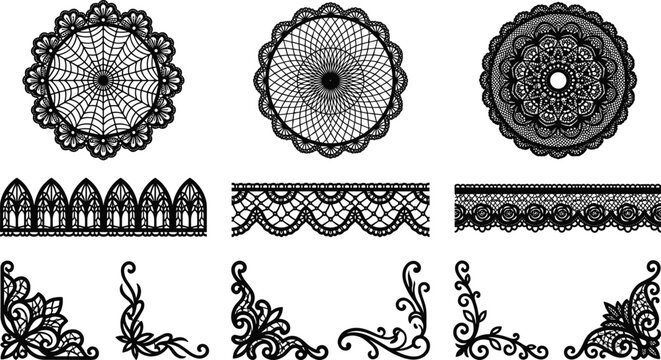 Vintage lace ornament collection featuring floral doilies, decorative borders, elegant corners and intricate crochet pattern designs