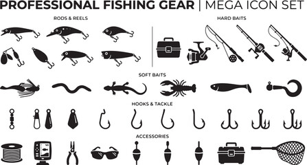 Professional Fishing Gear Mega Icon Set – Rods, Reels, Baits, Hooks and Accessories Vector Collection   © Open Expression