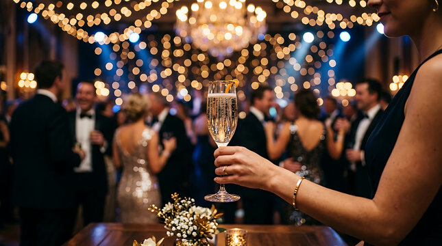 Elegant woman holding crystal champagne flute at evening party celebration with blurry warm golden bokeh light background.