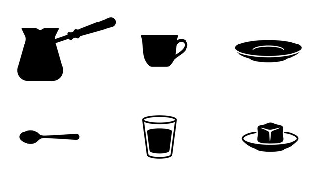 Turkish Coffee Set Icons: Cezve, Cup, Saucer, Spoon, Glass, Turkish Delight Vector Graphics