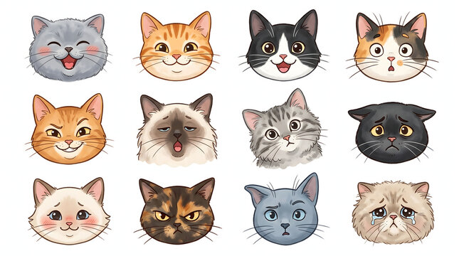 Collection of cute cartoon cat faces with different expressions on isolated background