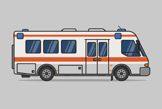 White mobile medical clinic or command vehicle with orange stripes and blue emergency lights on grey background.
