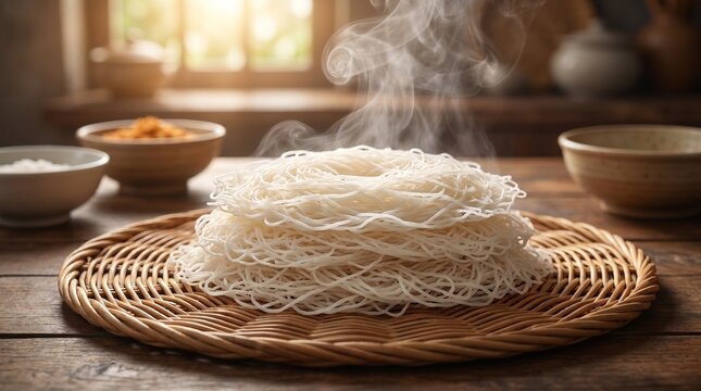A beautiful close-up stock photo of fresh, hot Sri Lankan string hoppers (indiappa) stacked neatly on a traditional woven wicker mat. Wisps of soft white steam rising from the warm rice noodles. Rich 