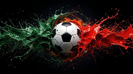 Fototapeta premium Soccer ball with green and red paint splashes