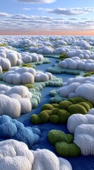Obraz premium Stitch wallpaper background dreamy surreal landscape of textured blue and green clouds resembling flowing river under sunset sky