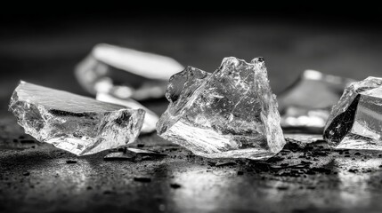 Naklejka premium Shattered Glass Pieces on Dark Surface with Reflections and Shadows