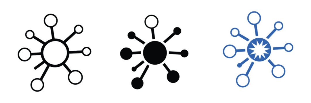 Hub and spoke icon set featuring network connections and central database symbols for logos, websites, apps, UI interfaces, and technology branding.