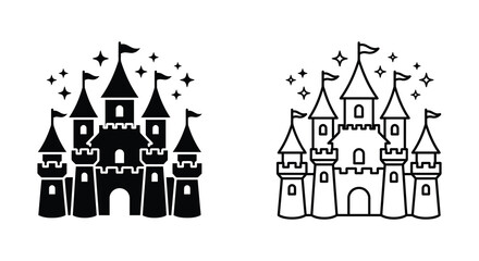 Castle Silhouette With Flags And Stars Black And White Illustration © Santa