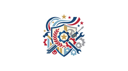 Fototapeta premium Modern Security Shield Emblem with Tools and Gear Icons