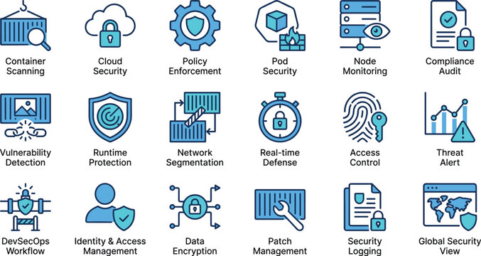 Set of cybersecurity icons showing various security features and protections