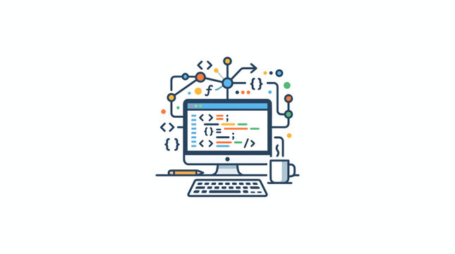 Creative Programming Code Concept with Desktop Computer and Digital Icons