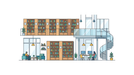 Modern library interior with study spaces and bookshelves © MD