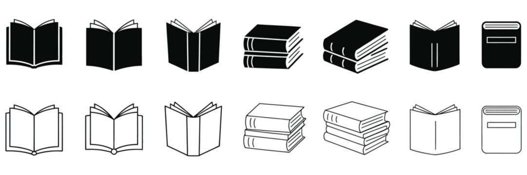 Book icon set, black outline and glyph book symbols with open and closed dictionary collection for library, education and learning vector illustration.