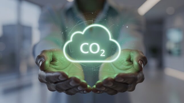 Hands holding a glowing digital cloud with "CO2" symbolizing carbon dioxide and environmental awareness.