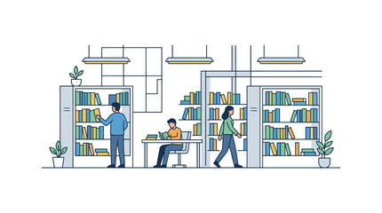 Students studying in modern library with bookshelves © MD