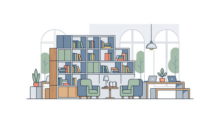 Modern home office with bookshelves and desk setup © MD