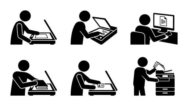 Scanning Documents, Digitizing Records, Office Workflow Icons, Vector Set
