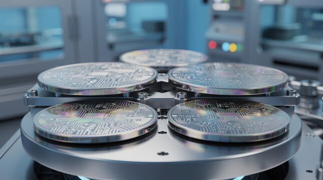 Close-up of semiconductor wafers on a machine platform in a cleanroom environment, used in microchip manufacturing.
