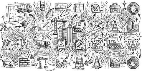 Obraz premium Comprehensive hand drawn construction and engineering doodle collection with construction engineering building industry architecture concrete blueprint development infrastructure