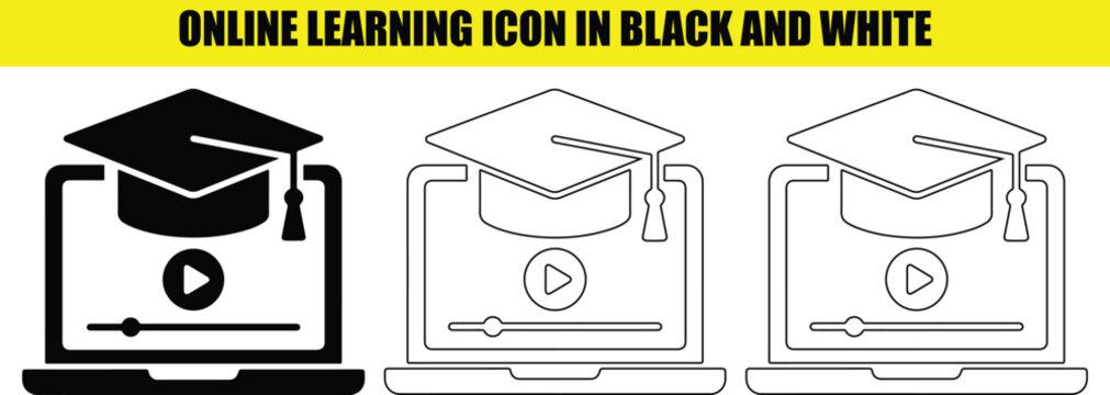 Online learning icon set showing laptop with graduation cap and play button, distance education.