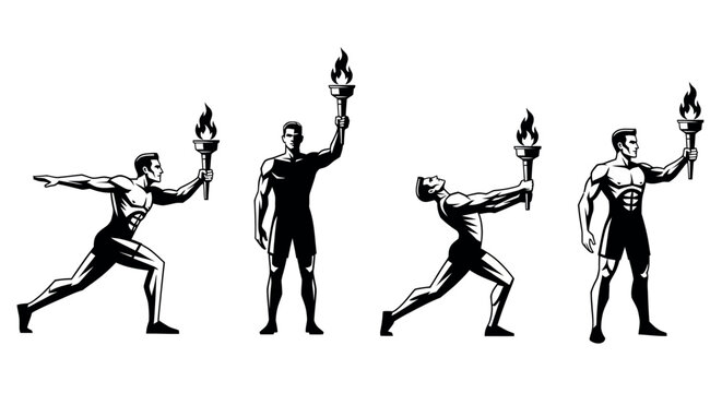 Set of muscular male athlete silhouettes holding a flaming torch in various dynamic poses for sports competition