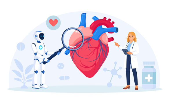 Heart Robot Doctor Analyzing Cardiovascular Health with Magnifier Female Physician Using Tablet in Modern Healthcare AI Diagnostics Vector Illustration