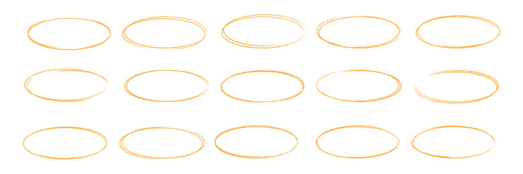Hand drawn red crayon ovals and circles set. Ellipse pencil doodle style collection, rough thin round frames, freehand highlight shapes, annotation marks, vector elements for diagrams