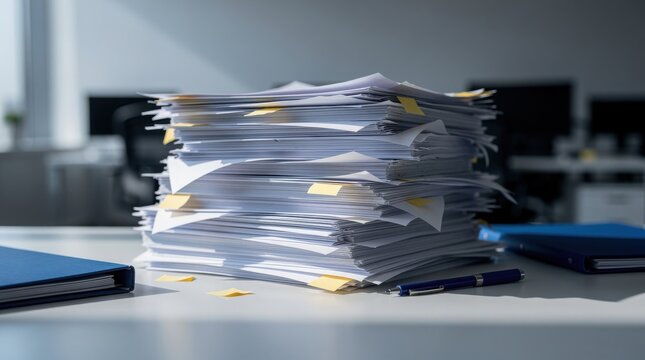 A large, messy stack of papers with sticky notes is piled on a desk in an office setting, accompanied by folders and a pen.
