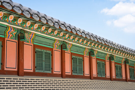 Dancheong Eaves and Lattice Windows on Gyeongbokgung Palace Corridor in Seoul Korea for Culture Banner