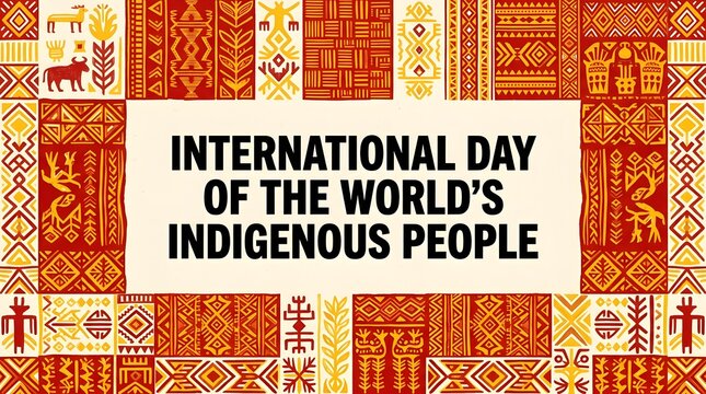 International day of the world's indigenous people banner with colorful ethnic textile pattern