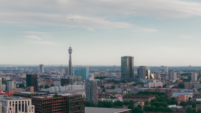 London soft sunset aerial featuring BT Tower and Euston