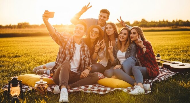 Young friends taking a selfie on a blanket in a sunset field for social media background and summer lifestyle banner