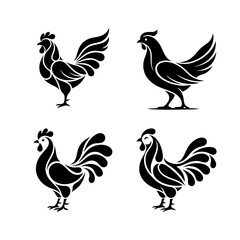 Four black rooster silhouettes on white background showcase various poses and illustrations © Senior