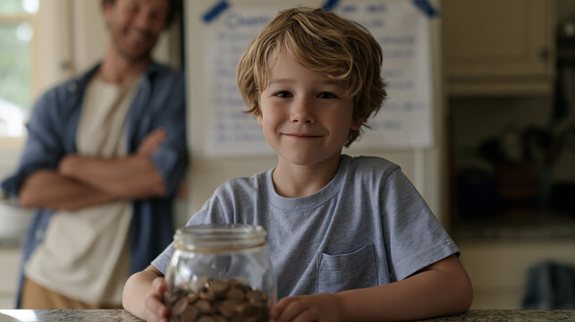 Child proudly dropping coins into a glass jar on a kitchen counter, handwritten chore chart taped to cabinet behind, parent watching with folded arms and smile, allowance money