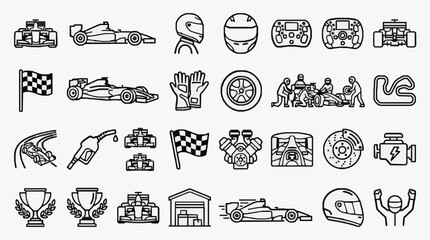 Naklejka premium Dynamic Icons Collection for Racing Motorsport and Automotive Enthusiasts with high professional line art symbols for modern creative design and digital branding projects