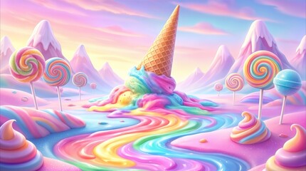 Naklejka premium Waffle cone melting into rainbow river within surreal candy landscape. Vibrant fantasy world featuring lollipop trees and marshmallow mountains.
