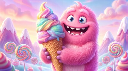 Naklejka premium Friendly pink monster holding giant rainbow ice cream cone in magical candy land. Whimsical fantasy world with lollipops and pastel mountains.
