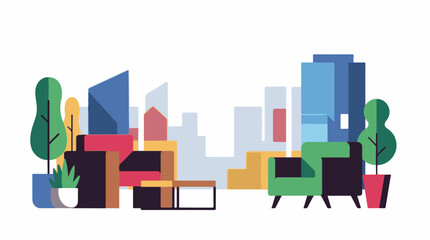 Naklejka premium Colorful illustration of urban living room with cityscape