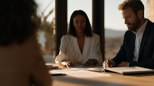 Real estate closing escrow table covered with deed transfer documents, title insurance binders, and signature tabs, buyer and seller seated at opposite ends with a closing agent