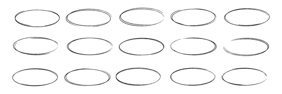 Hand drawn red crayon ovals and circles set. Ellipse pencil doodle style collection, rough thin round frames, freehand highlight shapes, annotation marks, vector elements for diagrams